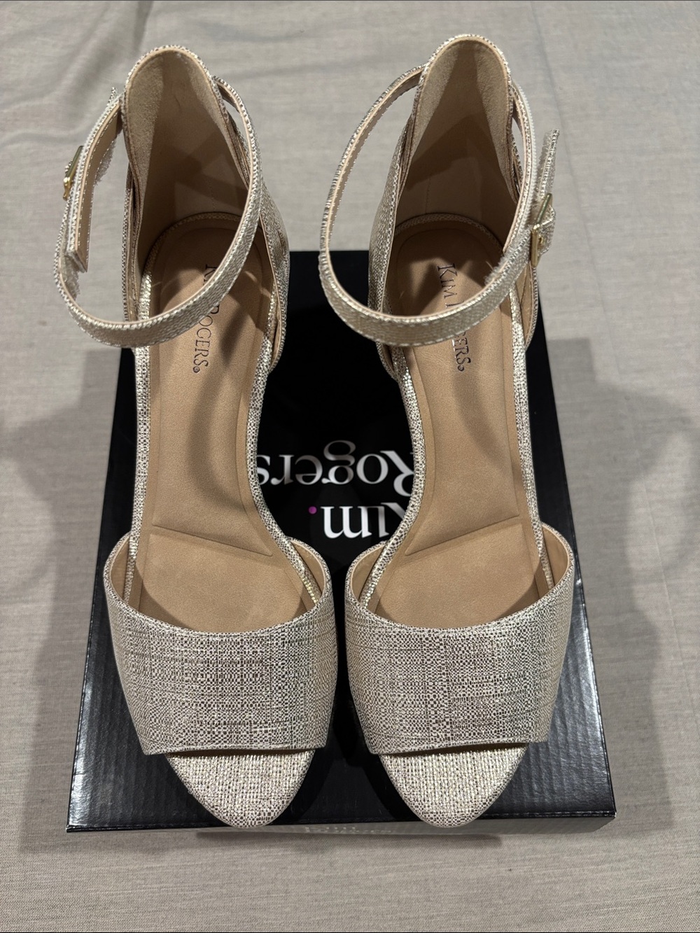 Kim Rogers Champagne Glitter Open-Toe Ankle-Strap Heels